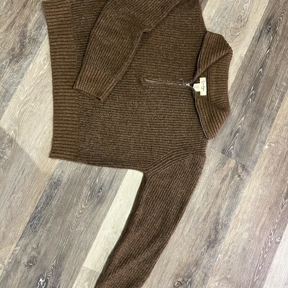 Brown Knit Sweater with Quarter-Zip